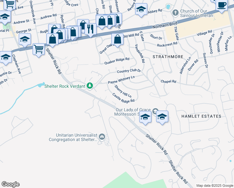 map of restaurants, bars, coffee shops, grocery stores, and more near 125 Castle Ridge Road in Manhasset
