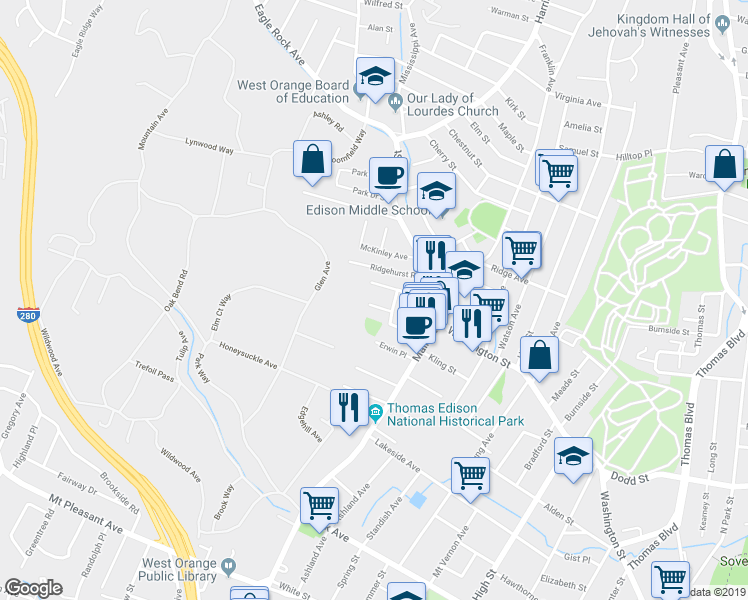 map of restaurants, bars, coffee shops, grocery stores, and more near 13 Glennon Place in West Orange