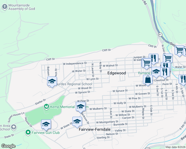 map of restaurants, bars, coffee shops, grocery stores, and more near North Laurel Street in Edgewood