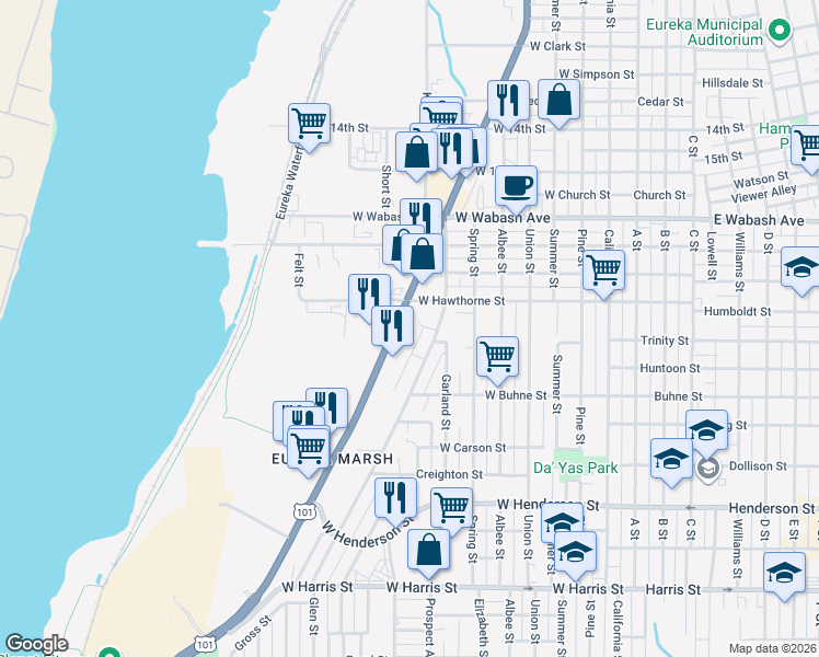 map of restaurants, bars, coffee shops, grocery stores, and more near 2160 Fairfield Street in Eureka