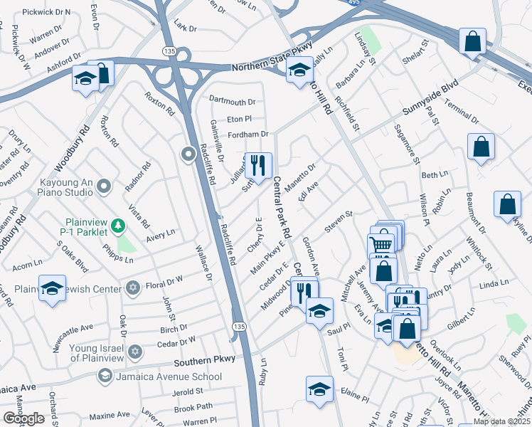 map of restaurants, bars, coffee shops, grocery stores, and more near 7 Cherry Drive East in Plainview