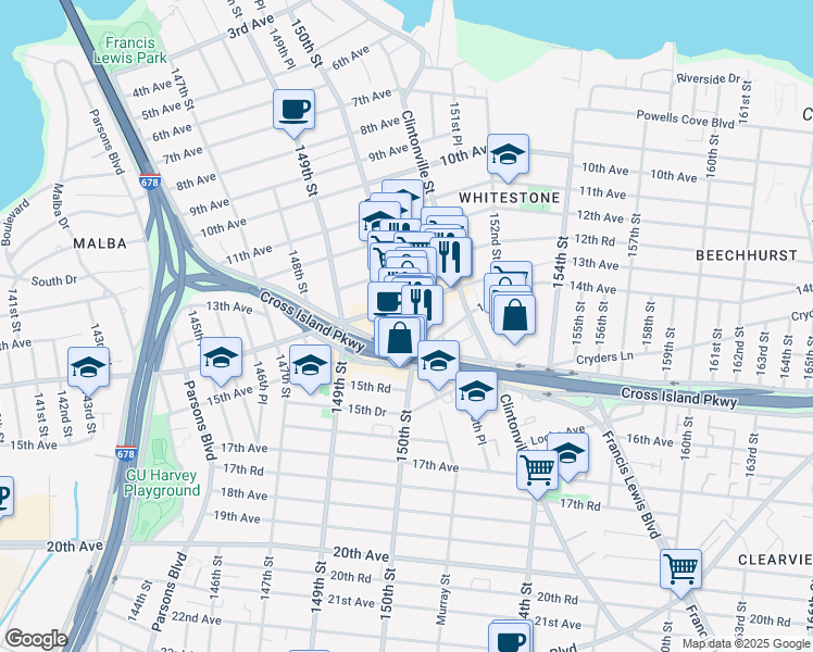 map of restaurants, bars, coffee shops, grocery stores, and more near 150-15 14th Road in Queens