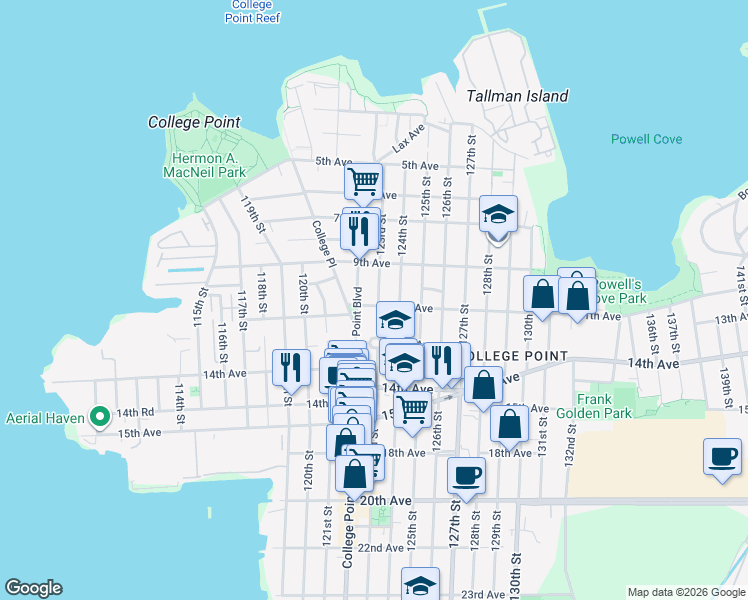 map of restaurants, bars, coffee shops, grocery stores, and more near 122-13 11th Avenue in Queens