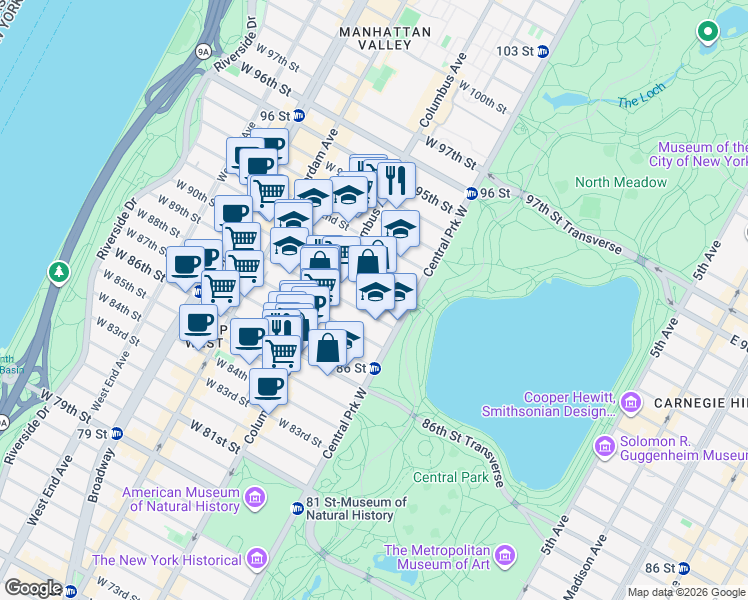 map of restaurants, bars, coffee shops, grocery stores, and more near 47 West 89th Street in New York