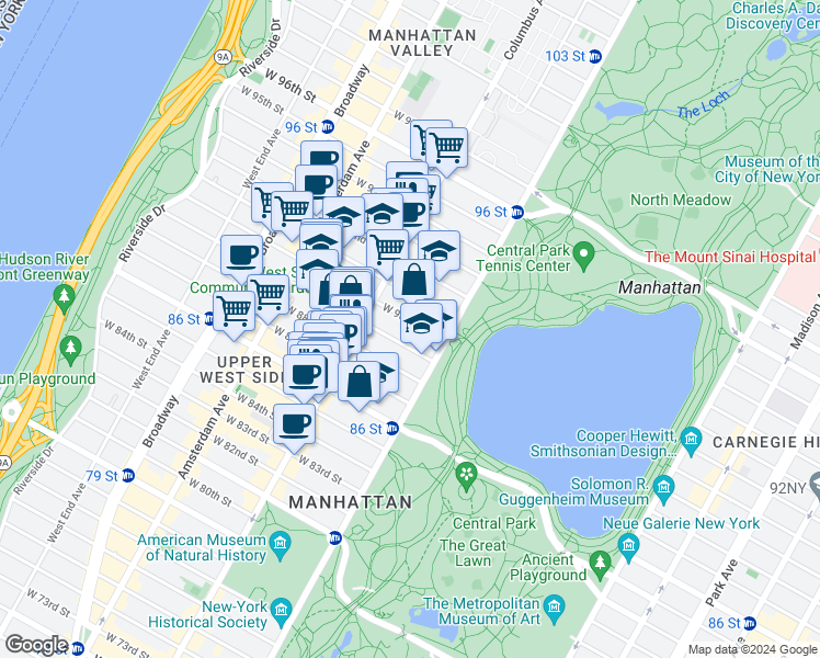 map of restaurants, bars, coffee shops, grocery stores, and more near 47 West 89th Street in New York