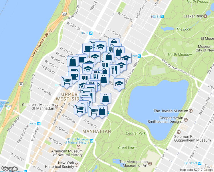 map of restaurants, bars, coffee shops, grocery stores, and more near 47 West 89th Street in New York