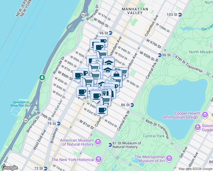 map of restaurants, bars, coffee shops, grocery stores, and more near 136w West 88th Street in New York