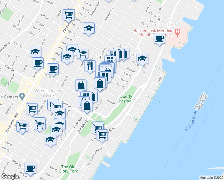 map of restaurants, bars, coffee shops, grocery stores, and more near 44 63rd Street in West New York