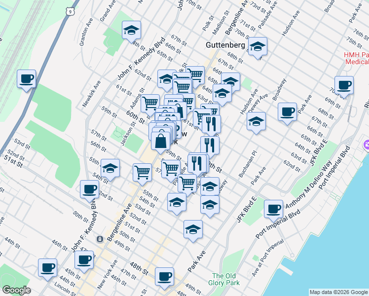map of restaurants, bars, coffee shops, grocery stores, and more near 404 60th Street in West New York