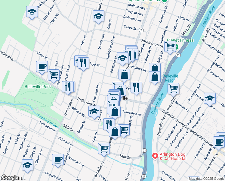 map of restaurants, bars, coffee shops, grocery stores, and more near 7 Rutgers Court in Belleville