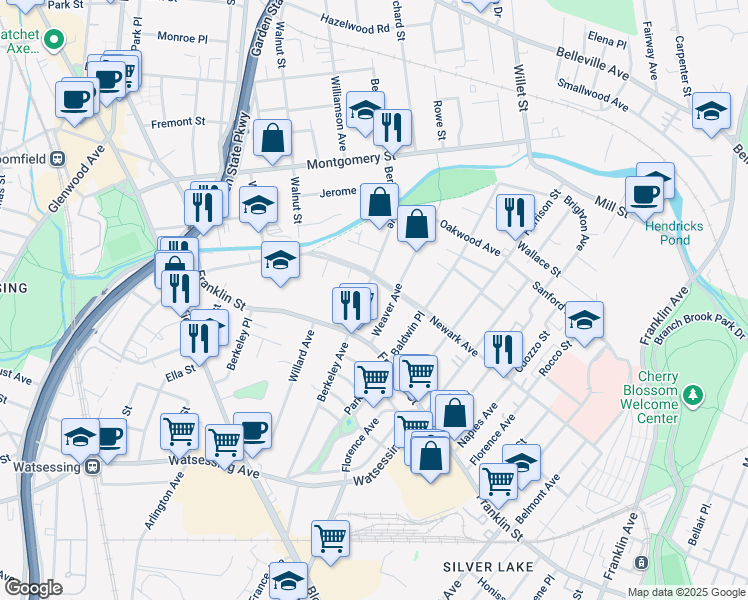 map of restaurants, bars, coffee shops, grocery stores, and more near 220 Berkeley Avenue in Bloomfield