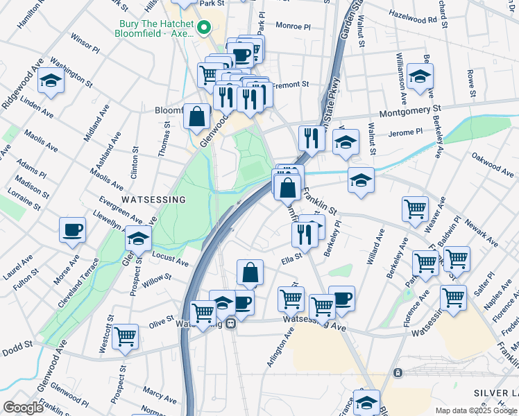 map of restaurants, bars, coffee shops, grocery stores, and more near 150 Orange Street in Bloomfield