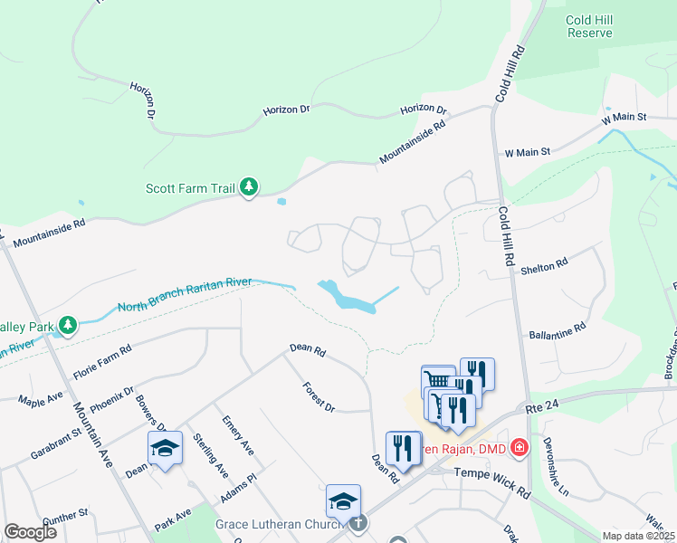 map of restaurants, bars, coffee shops, grocery stores, and more near 49 Galway Drive in Mendham
