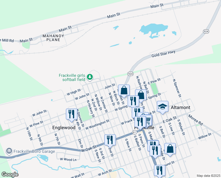 map of restaurants, bars, coffee shops, grocery stores, and more near 218 North Balliet Street in Frackville