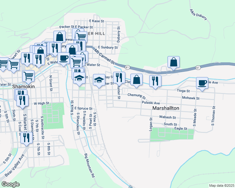 map of restaurants, bars, coffee shops, grocery stores, and more near 1001-1003 E Chestnut St in Shamokin