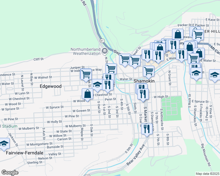 map of restaurants, bars, coffee shops, grocery stores, and more near 25 North 1st Street in Shamokin