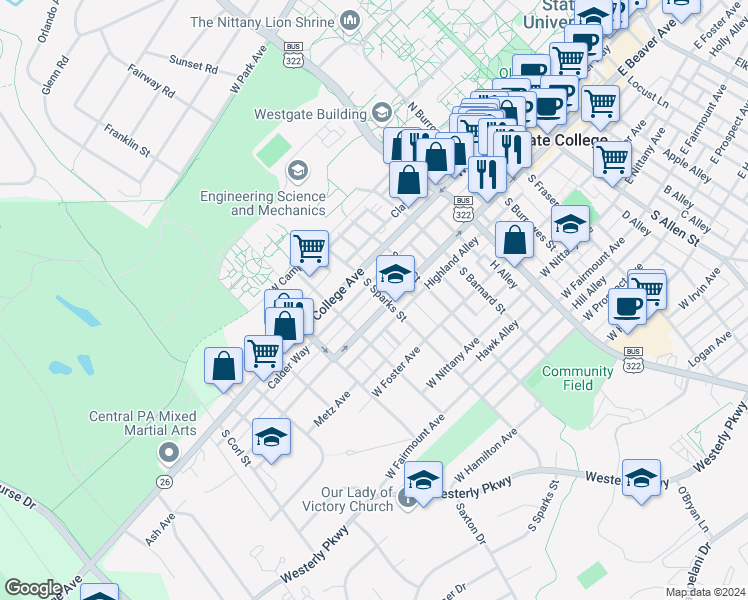 map of restaurants, bars, coffee shops, grocery stores, and more near in State College