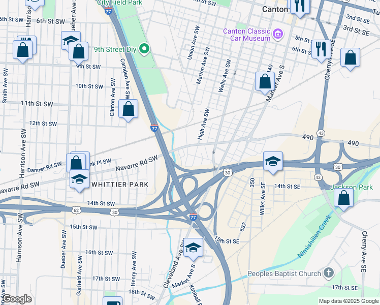 map of restaurants, bars, coffee shops, grocery stores, and more near 1225 High Avenue Southwest in Canton