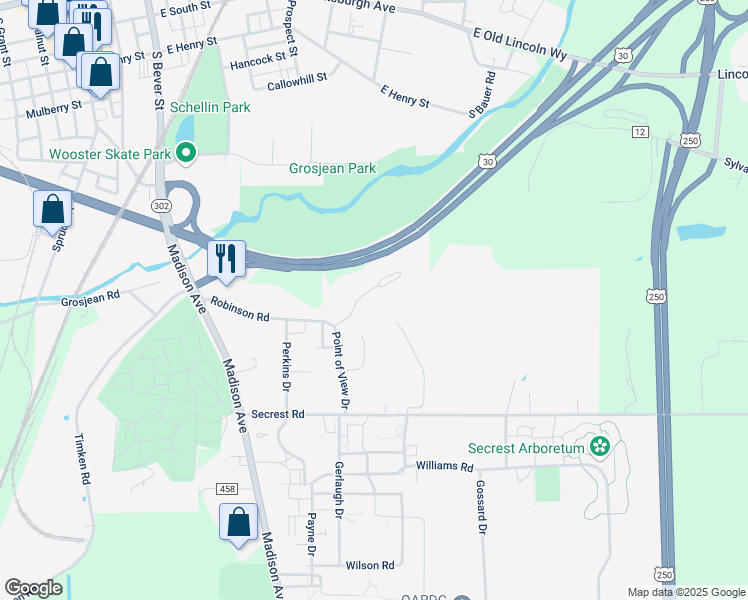 map of restaurants, bars, coffee shops, grocery stores, and more near 1127 Townsview Place in Wooster