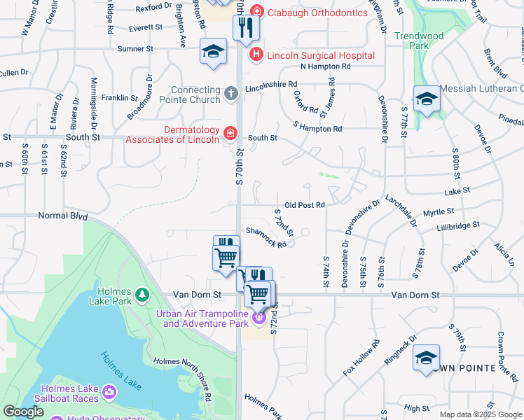 map of restaurants, bars, coffee shops, grocery stores, and more near 7018 Shamrock Road in Lincoln