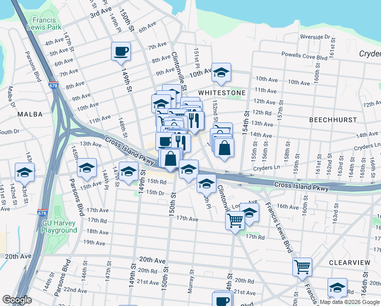 map of restaurants, bars, coffee shops, grocery stores, and more near 150-39 14th Road in Queens
