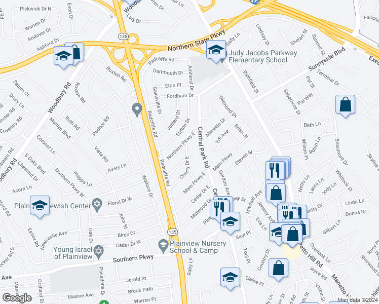 map of restaurants, bars, coffee shops, grocery stores, and more near 7 Cherry Drive East in Plainview