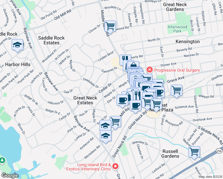 map of restaurants, bars, coffee shops, grocery stores, and more near 18 Hillside Avenue in Great Neck