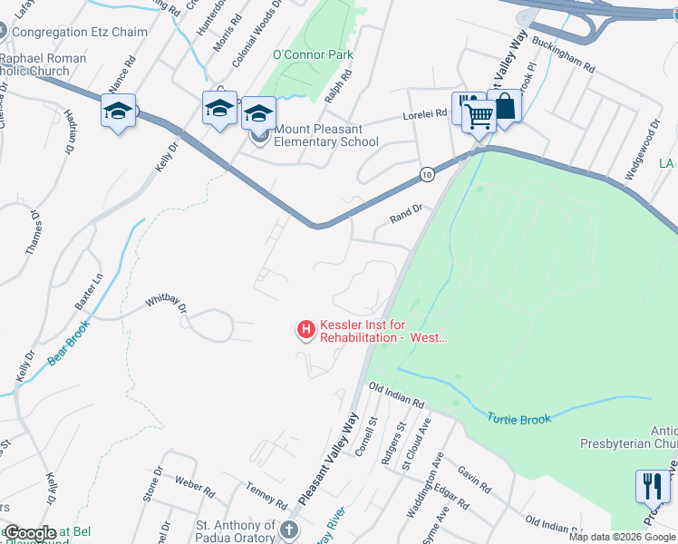 map of restaurants, bars, coffee shops, grocery stores, and more near 14 Skyline Drive in West Orange