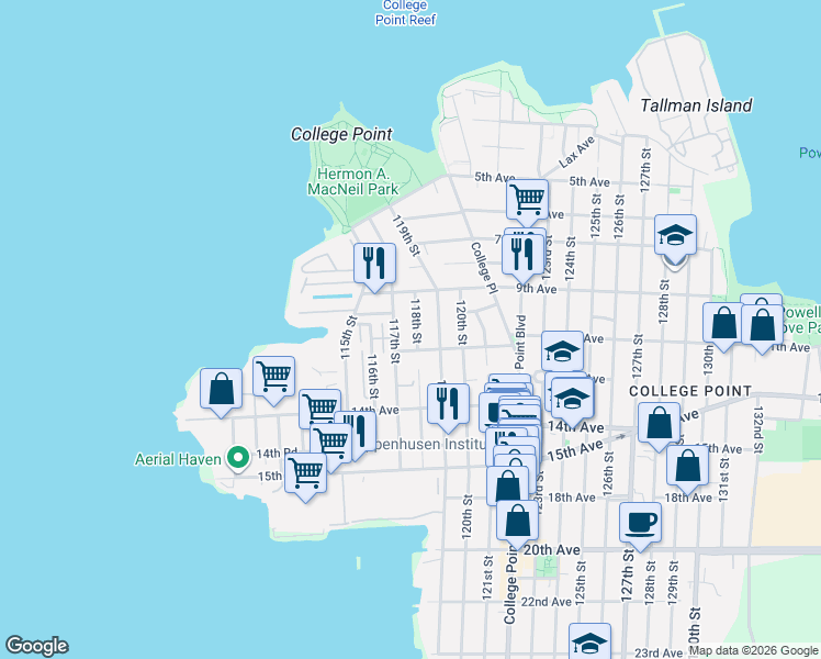map of restaurants, bars, coffee shops, grocery stores, and more near 945 118th Street in Queens