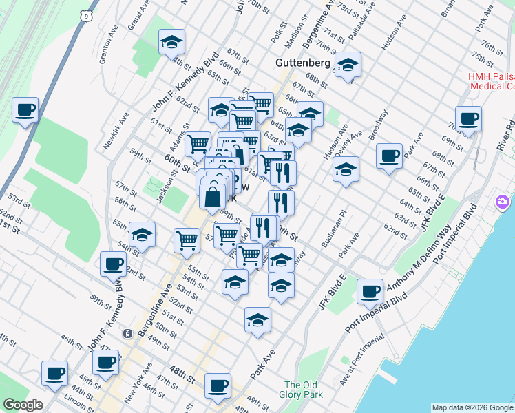map of restaurants, bars, coffee shops, grocery stores, and more near in West New York