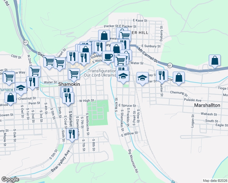 map of restaurants, bars, coffee shops, grocery stores, and more near 4 North Rock Street in Shamokin