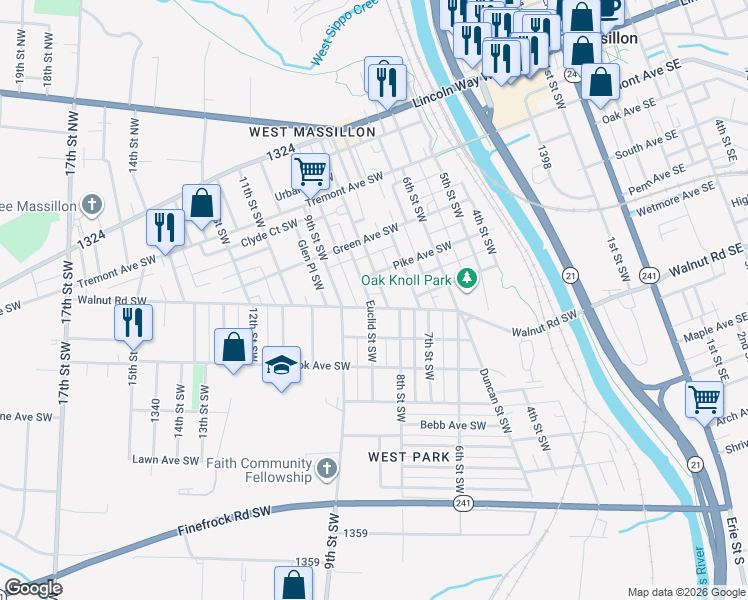 map of restaurants, bars, coffee shops, grocery stores, and more near 818 Walnut Road Southwest in Massillon
