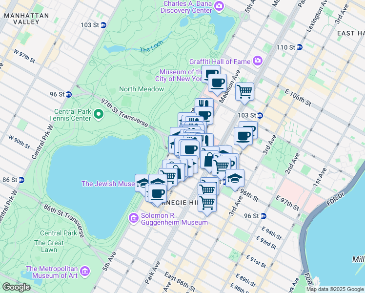 map of restaurants, bars, coffee shops, grocery stores, and more near 12 East 97th Street in New York