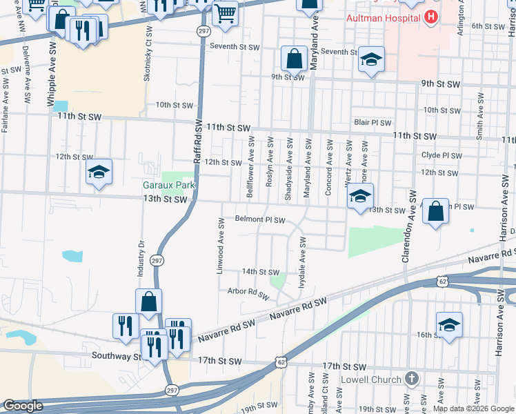 map of restaurants, bars, coffee shops, grocery stores, and more near 3314 13th Street Southwest in Canton