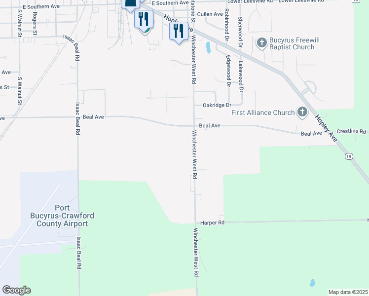 map of restaurants, bars, coffee shops, grocery stores, and more near 1721 Whetstone Street in Bucyrus