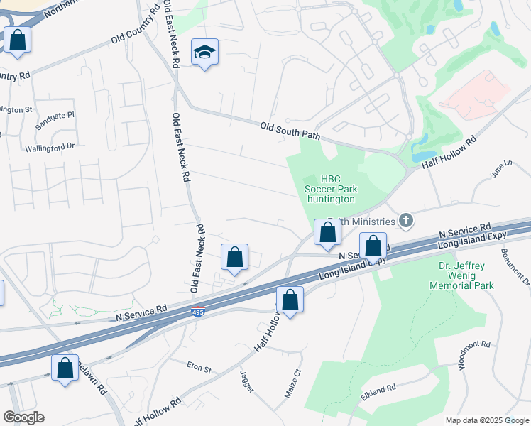 map of restaurants, bars, coffee shops, grocery stores, and more near 12 Alley Pond Court in Dix Hills