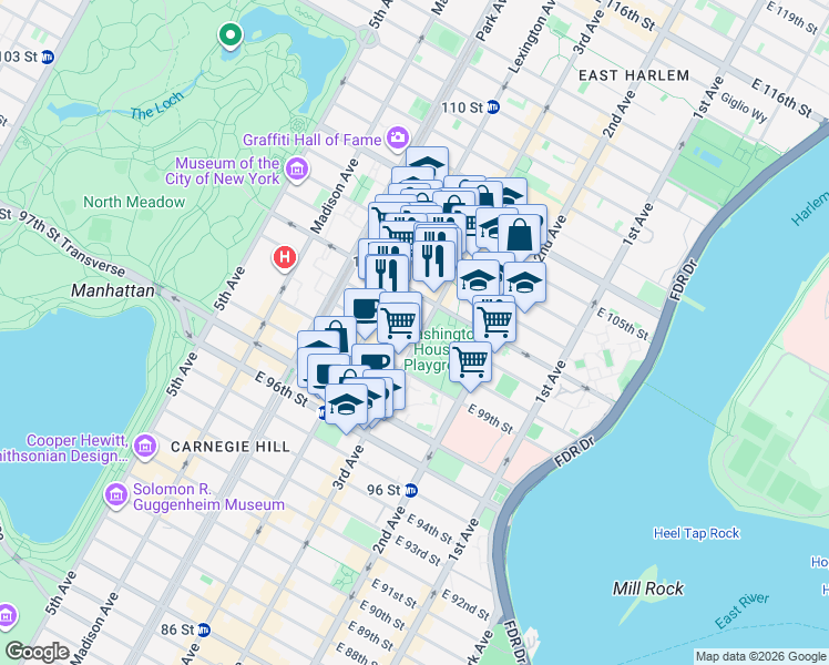 map of restaurants, bars, coffee shops, grocery stores, and more near 1810 3rd Avenue in New York
