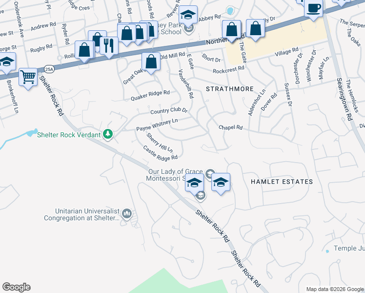 map of restaurants, bars, coffee shops, grocery stores, and more near 16 Castle Ridge Road in Manhasset