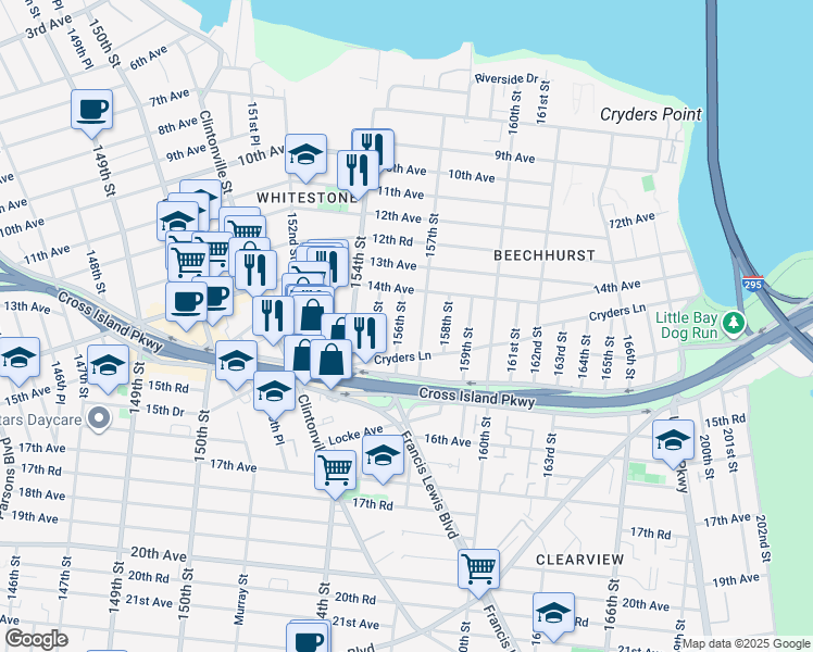 map of restaurants, bars, coffee shops, grocery stores, and more near 14-35 156th Street in Queens