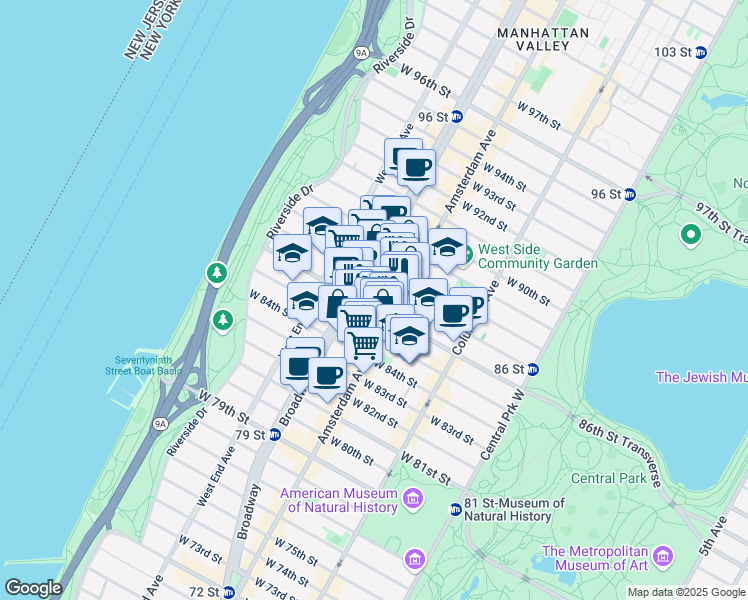 map of restaurants, bars, coffee shops, grocery stores, and more near 227 West 86th Street in New York