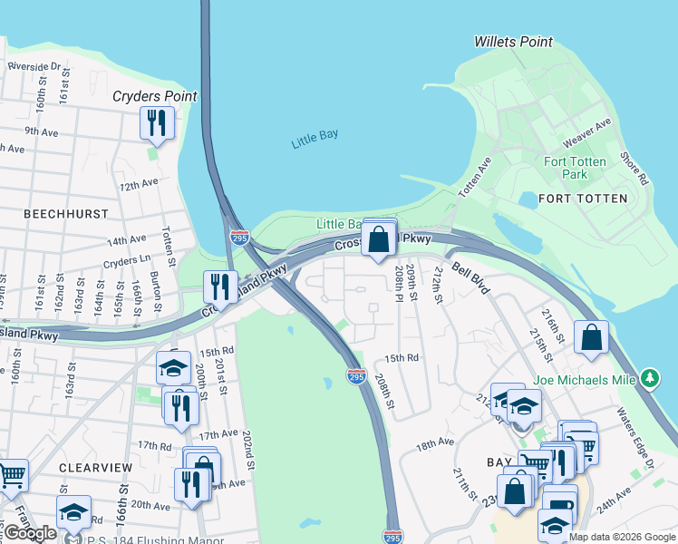 map of restaurants, bars, coffee shops, grocery stores, and more near 12-25 Robin Lane in Queens