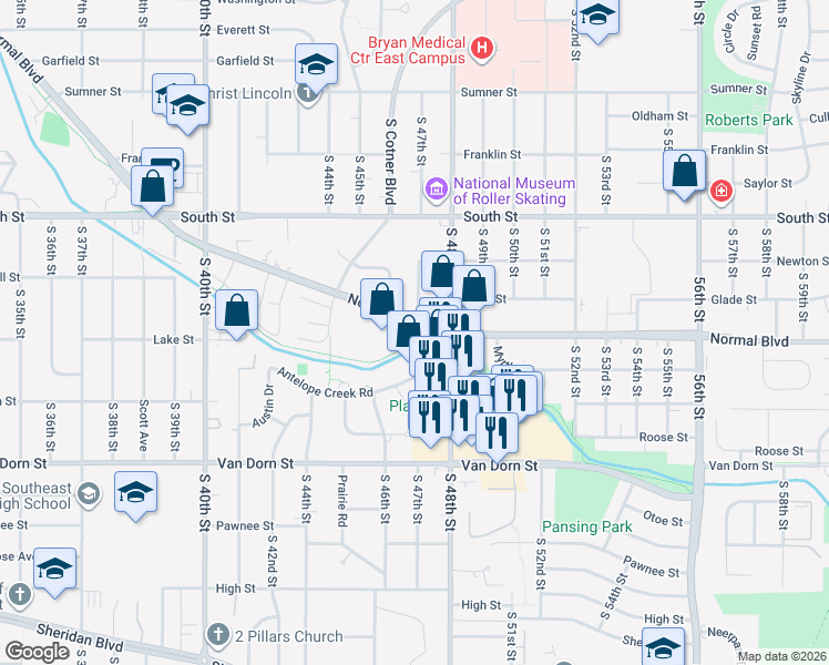 map of restaurants, bars, coffee shops, grocery stores, and more near 4701 Normal Boulevard in Lincoln