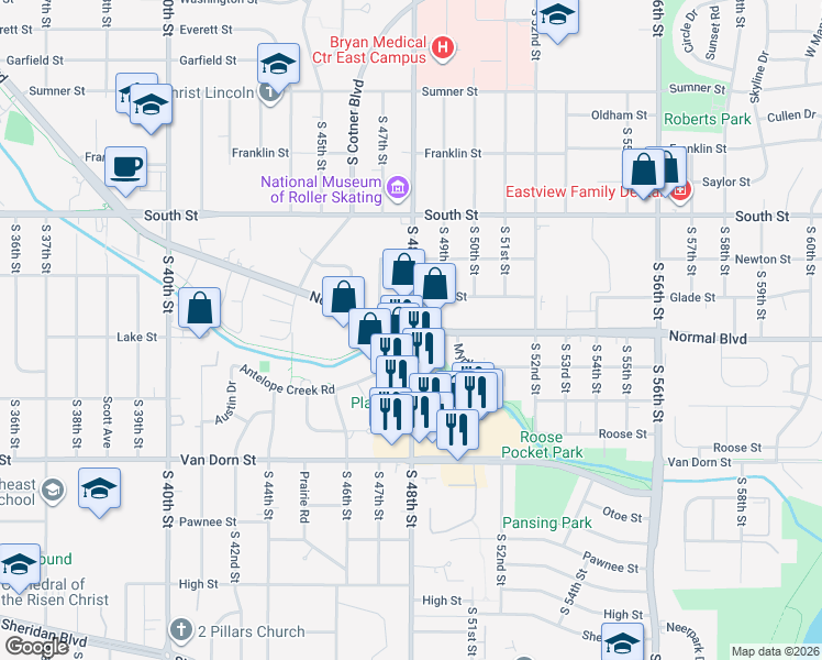map of restaurants, bars, coffee shops, grocery stores, and more near S 48th St & Normal Blvd in Lincoln