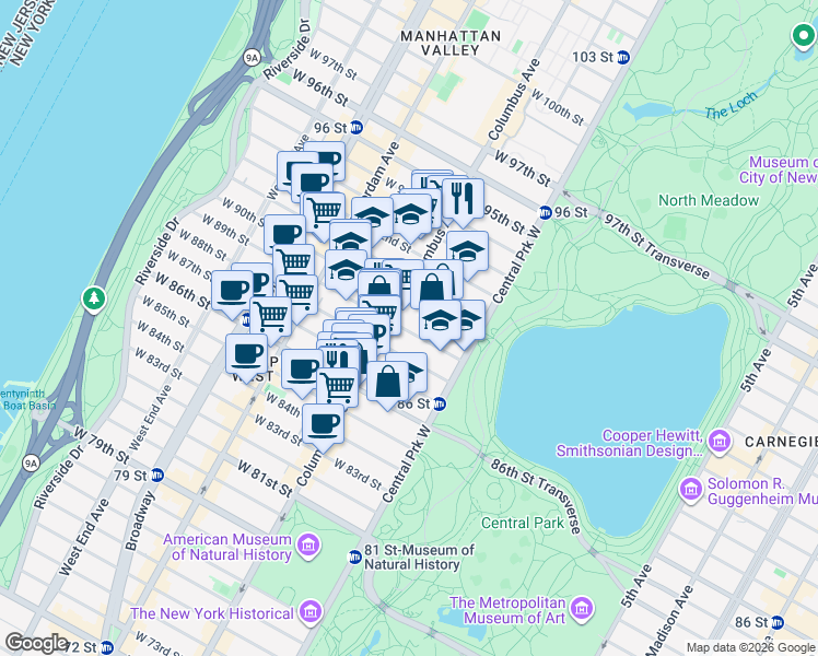 map of restaurants, bars, coffee shops, grocery stores, and more near 65 West 89th Street in New York