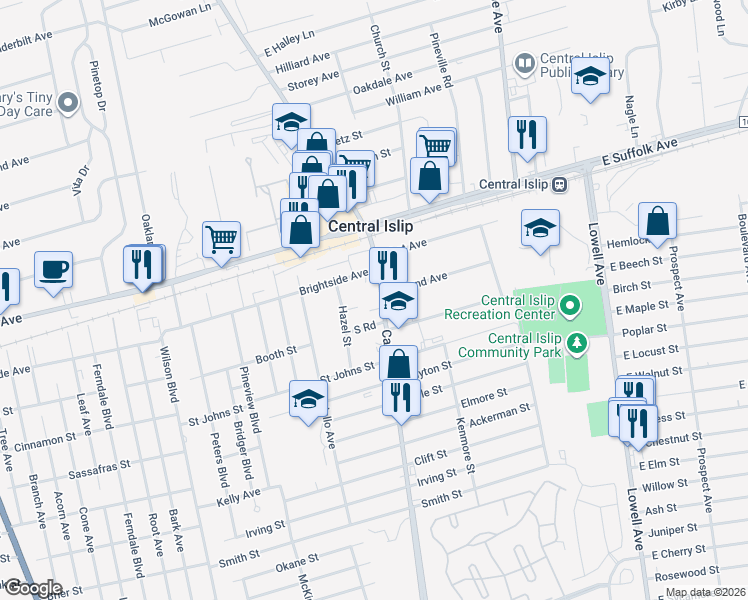 map of restaurants, bars, coffee shops, grocery stores, and more near 65 Carleton Avenue in Central Islip