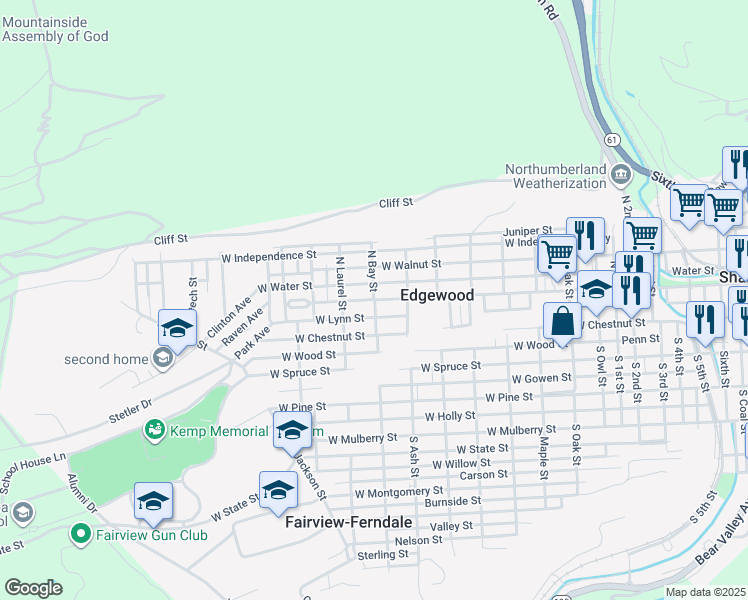 map of restaurants, bars, coffee shops, grocery stores, and more near North Bay Street in Edgewood