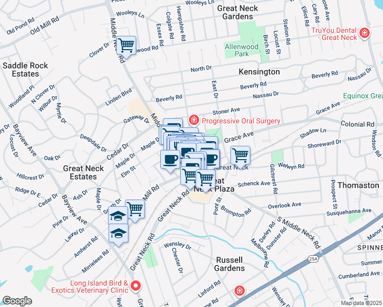 map of restaurants, bars, coffee shops, grocery stores, and more near 8 Bond Street in Great Neck Plaza