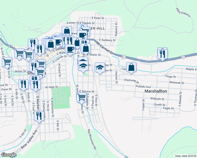 map of restaurants, bars, coffee shops, grocery stores, and more near 631 East Chestnut Street in Shamokin