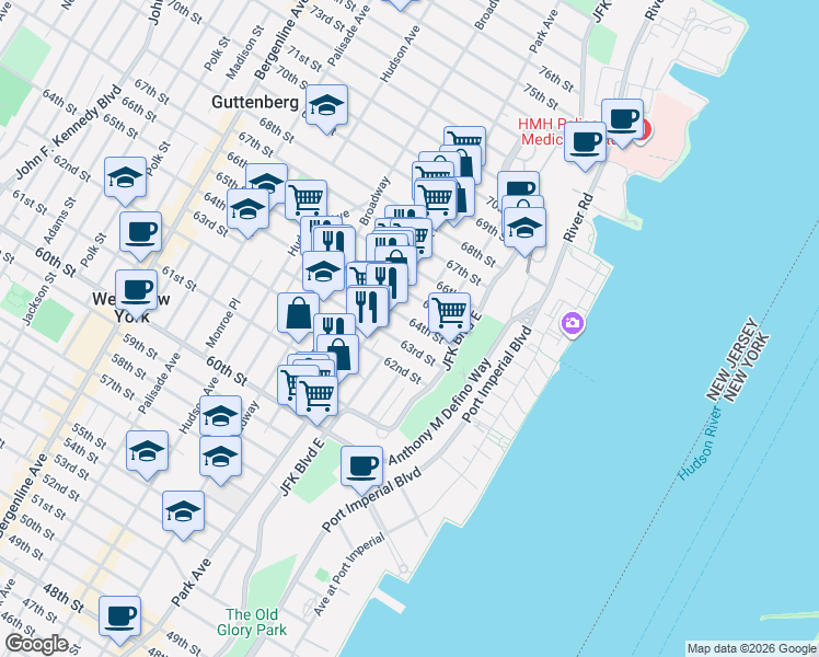 map of restaurants, bars, coffee shops, grocery stores, and more near 44 63rd Street in West New York