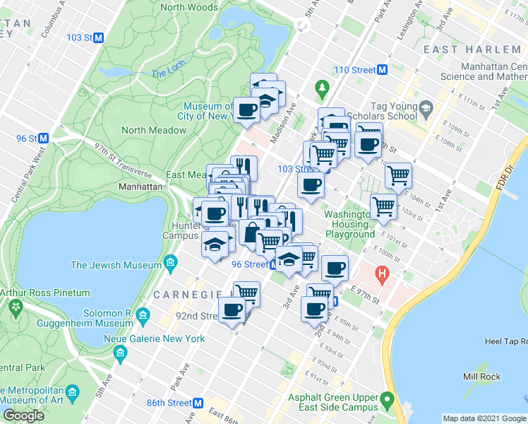 map of restaurants, bars, coffee shops, grocery stores, and more near 1294 Park Avenue in New York